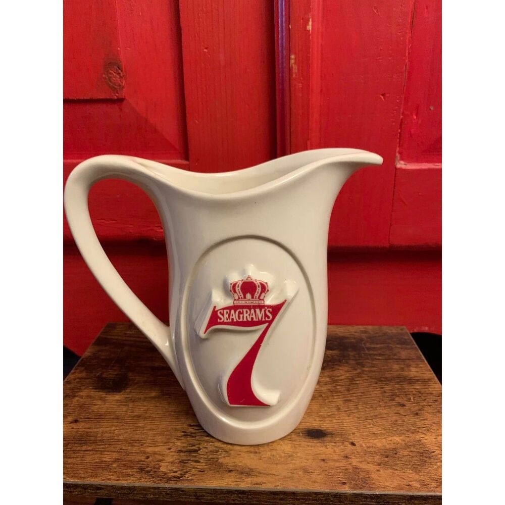 Vintage Seagrams 7 Ceramic Bar Pitcher Crown Whiskey White Red  Mint Condition